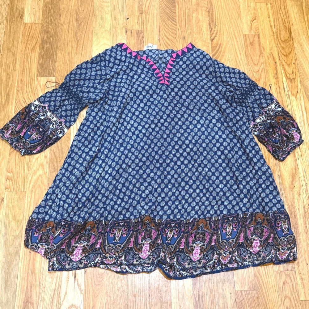 Umgee Navy Blue Medallion Paisley Embroidered V-Neck Tunic Top Large A1323